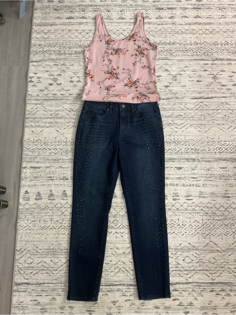 Rebecca Minkoff Dark Blue Stud Skinny Jeans + Vintage Terranova Pink Floral Tank